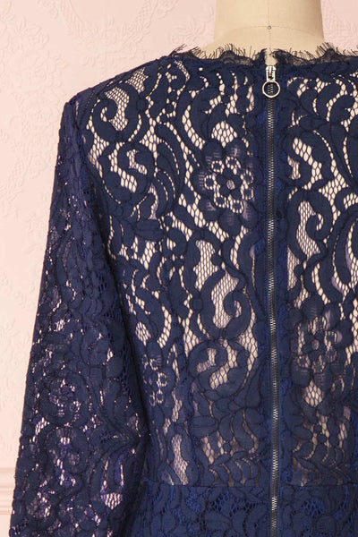 Undine Navy Short Lace Dress w/ 3/4 Sleeves | Boutique 1861 back close-up