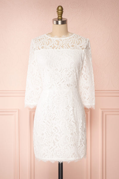 Undine White Short Lace Dress w/ 3/4 Sleeves | Boutique 1861 front view