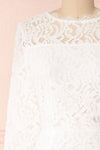Undine White Short Lace Dress w/ 3/4 Sleeves | Boutique 1861 front close-up