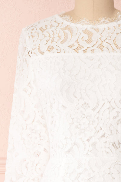 Undine White Short Lace Dress w/ 3/4 Sleeves | Boutique 1861 front close-up