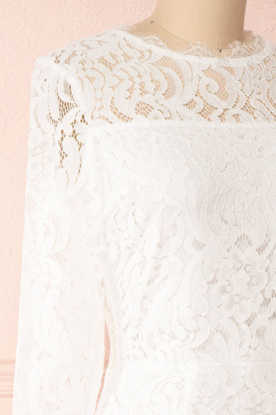 Undine White Short Lace Dress w/ 3/4 Sleeves | Boutique 1861 side close-up