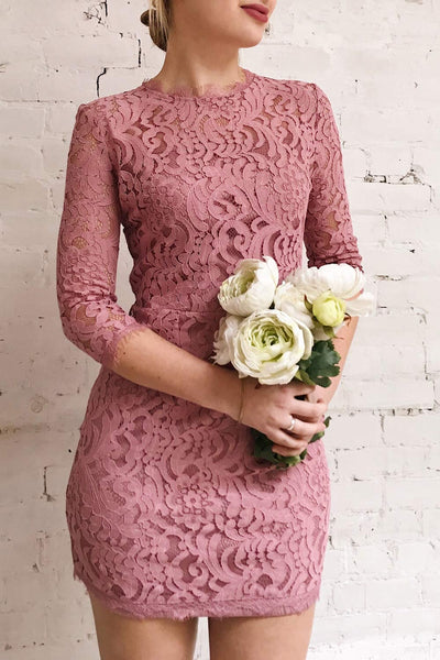 Undine Lilac Short Lace Dress w/ 3/4 Sleeves | Boutique 1861 on model