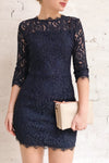 Undine Navy Short Lace Dress w/ 3/4 Sleeves | Boutique 1861 on model