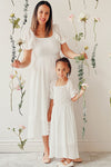 Undume Mini White Midi Dress w/ Square Neckline | Boutique 1861 on model