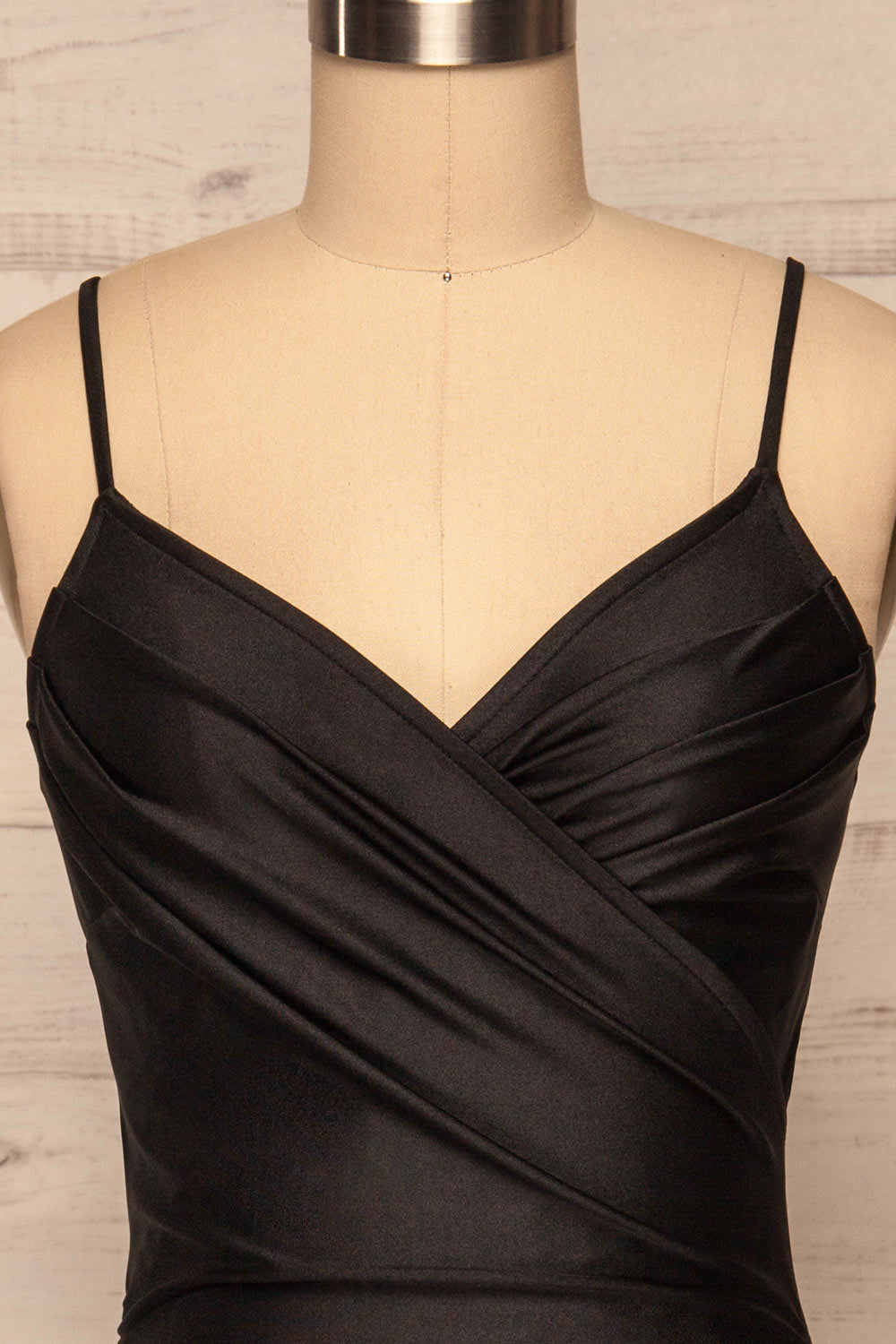 Unice Black Silky Fitted Cocktail Dress | La petite garçonne front close up