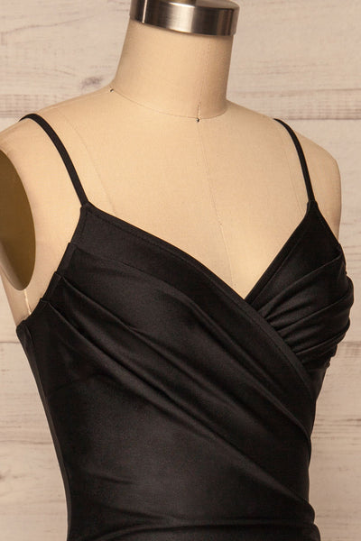 Unice Black Silky Fitted Cocktail Dress | La petite garçonne side close up