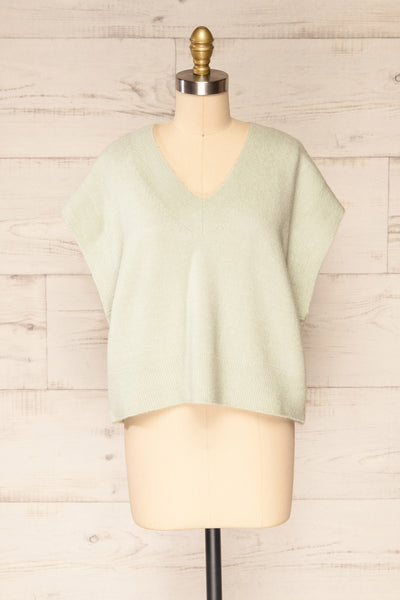 Uter Sage Green Sleeveless V-Neck Knitted Vest | La petite garçonne front view