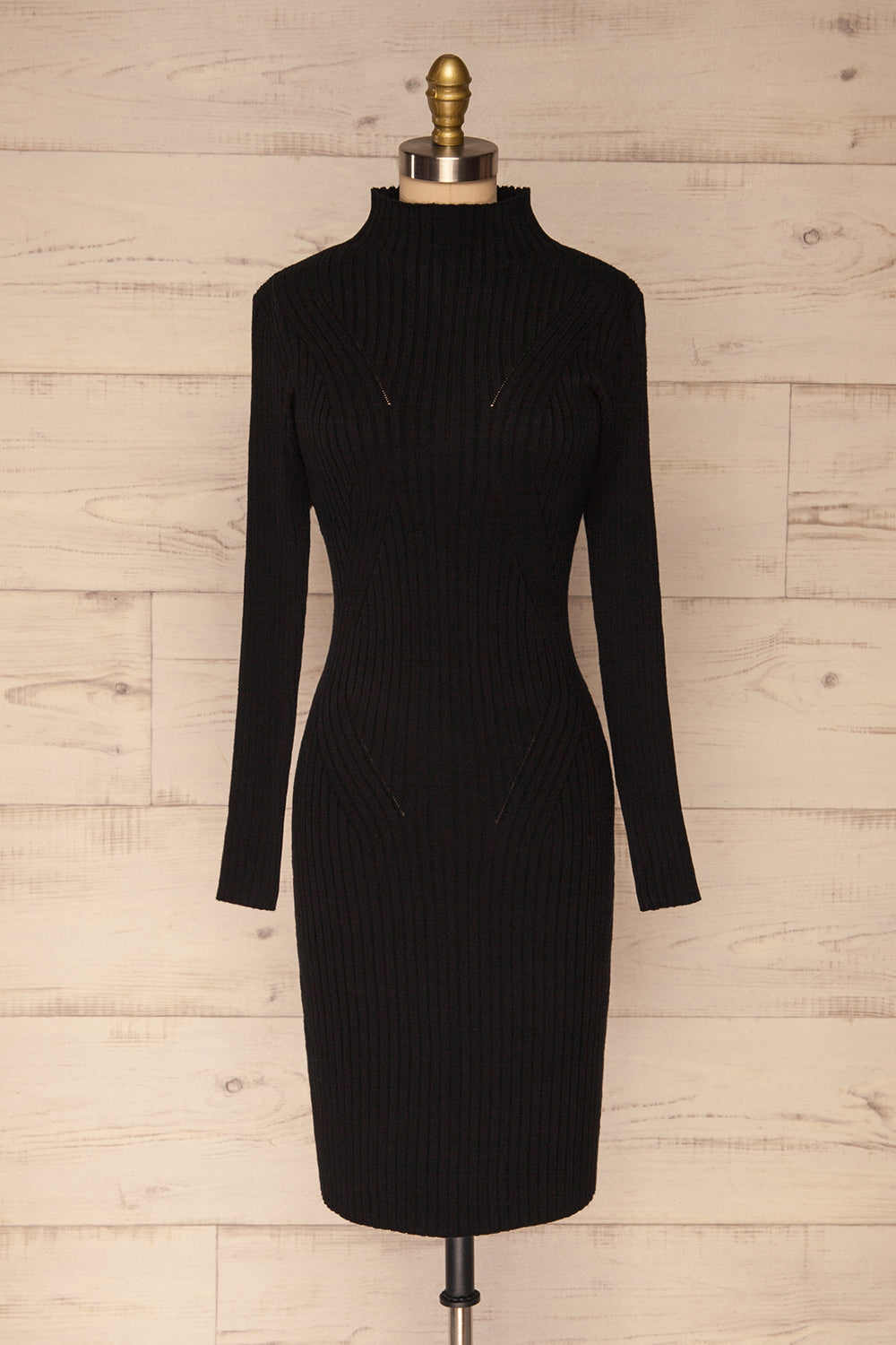 Valence Black Ribbed Mock Neck Dress | La petite garçonne front view