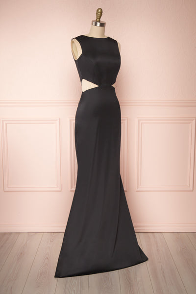 Vallata Satin - Black waist cut-outs fitted gown | La petite Garçonne side view