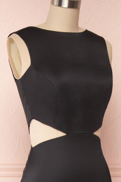Vallata Satin - Black waist cut-outs fitted gown | La petite Garçonne side close up