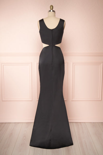 Vallata Satin - Black waist cut-outs fitted gown | La petite Garçonne back view
