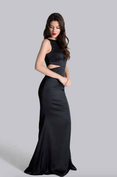 Vallata Satin - Black waist cut-outs fitted gown | La petite Garçonne model deux