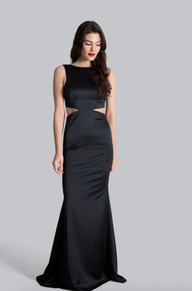Vallata Satin - Black waist cut-outs fitted gown | La petite Garçonne model