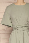 Valthi Blue Linen A-Line Midi Dress | La petite garçonne front close-up