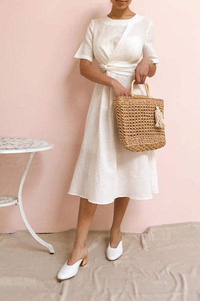 Valthi White Linen A-Line Midi Dress | La petite garçonne on model