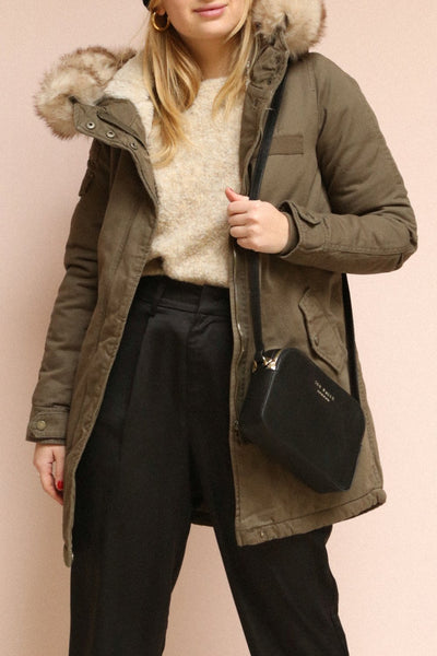 Varna Khaki Parka Coat with Faux Fur Hood | La Petite Garçonne on model