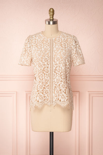 Vasylyna Beige Floral Lace T-Shirt | Front View | Boutique 1861