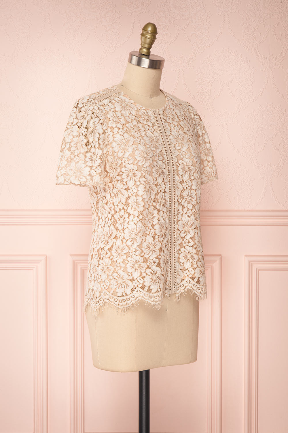 Vasylyna Beige Floral Lace T-Shirt | side view | Boutique 1861