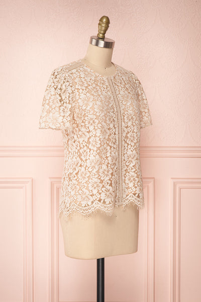 Vasylyna Beige Floral Lace T-Shirt | side view | Boutique 1861