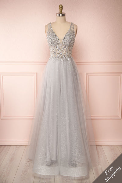 Vatrouchka Grey Tulle & Crystal Gown front view FS | Robe | Boutique 1861
