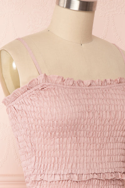 Venetia Light Pink Ruched Short Dress | Boutique 1861 side close up