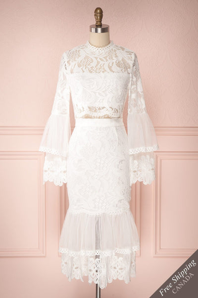 Veraura White Lace & Ruffles Top & Midi Skirt Set | Boudoir 1861