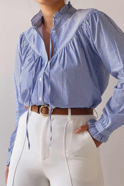 Vertue Blue Stripped Shirt w/ Ruffled Collar | La petite garçonne on model