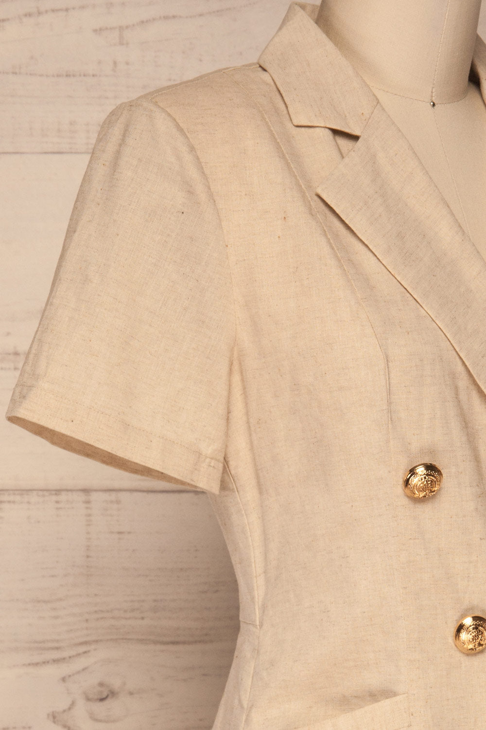 Verviers Beige Natural Linen Tailor Romper | La petite garçonne side close-up