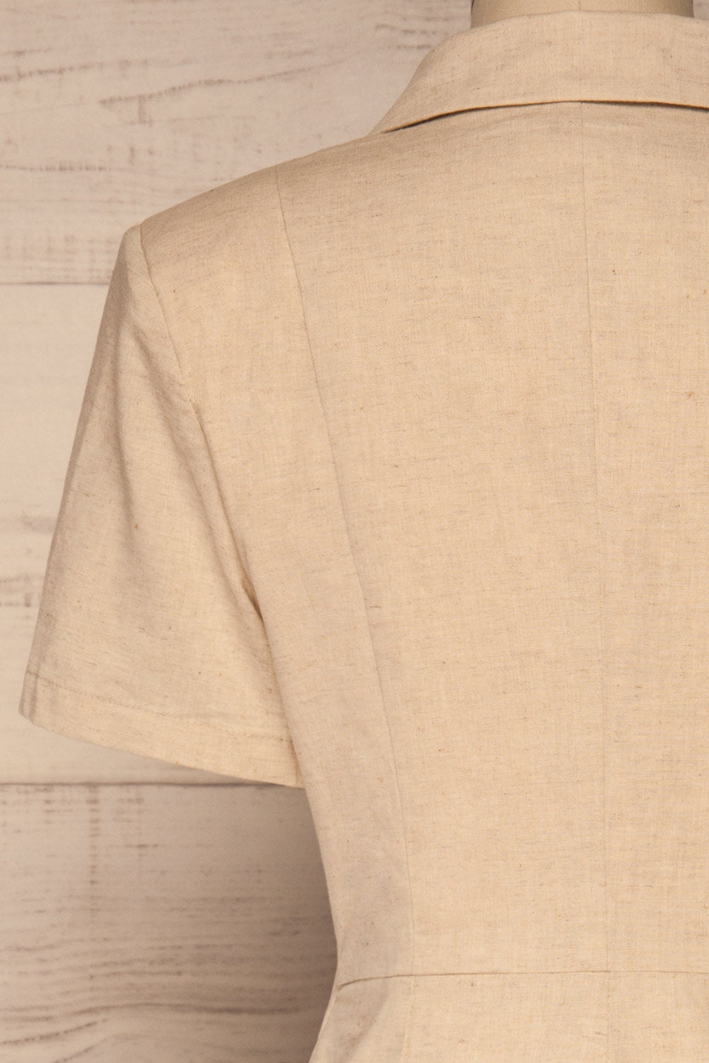 Verviers Beige Natural Linen Tailor Romper | La petite garçonne back close-up