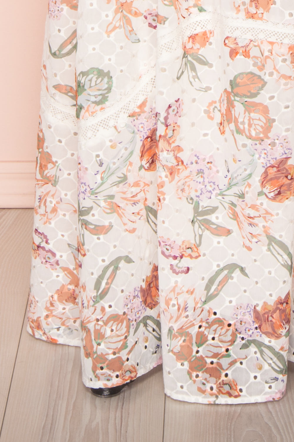 Vibrissa White Floral Lace Maxi Dress | Boutique 1861 bottom close-up