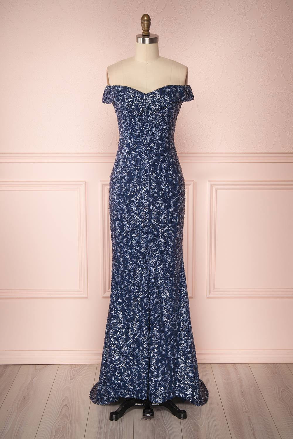Vindya Navy Blue Off-Shoulder Sequin Gown | Boutique 1861