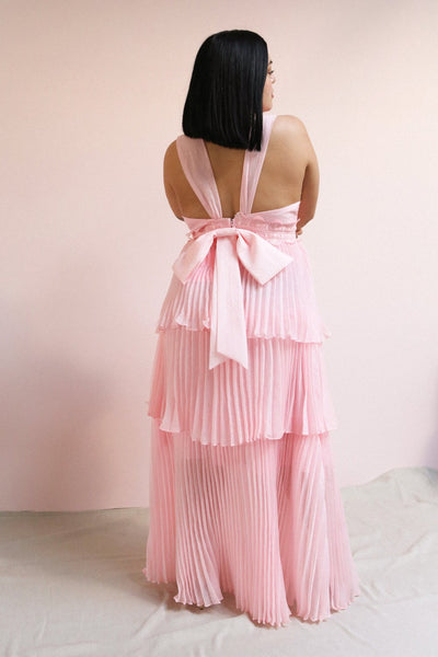 Viridiana Light Pink Pleated Maxi Prom Dress | Boutique 1861 on model