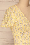 Virrat Yellow Crepe Short Sleeve Crop Top | La petite garçonne side close-up