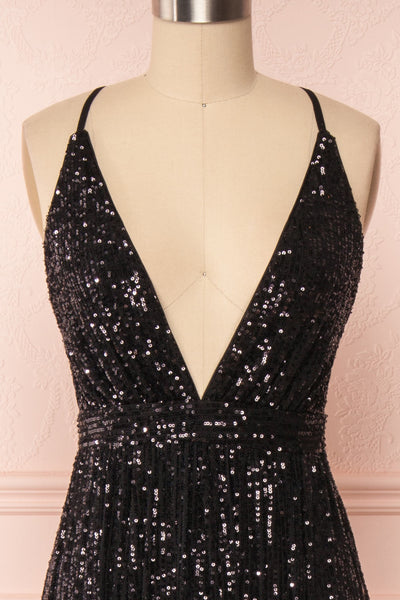 Vitaliya Black Sequin Maxi Dress front close up | Boutique 1861