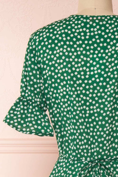 Wakkanai Green & White Floral Midi Wrap Dress | Boutique 1861 back close-up