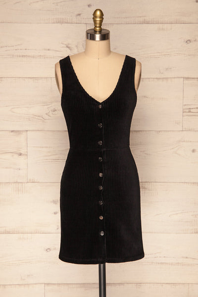 Watford Black Corduroy Button-Up Dress | FRONT VIEW | La Petite Garçonne
