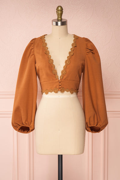 Wynda Light Brown Long Sleeved Crop Top | Boutique 1861 front view
