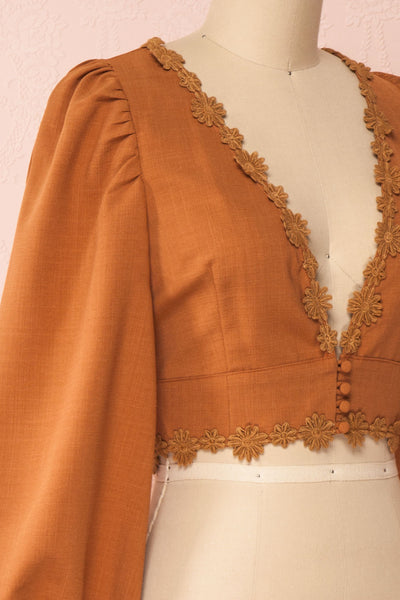 Wynda Light Brown Long Sleeved Crop Top | Boutique 1861 side close-up