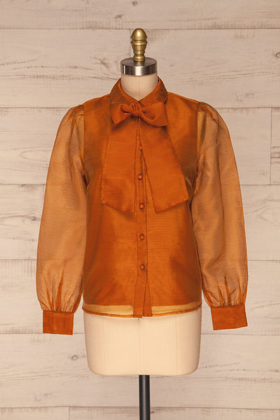Xandra Orange Iridescent Tulle Shirt w/ Bow front view bow | La petite garçonne
