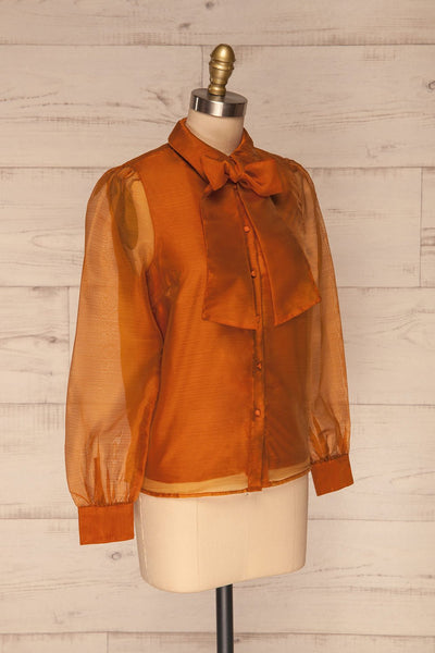 Xandra Orange Iridescent Tulle Shirt w/ Bow side view | La petite garçonne
