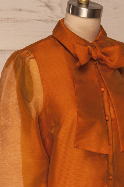 Xandra Orange Iridescent Tulle Shirt w/ Bow side close up | La petite garçonne