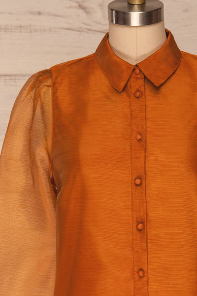 Xandra Orange Iridescent Tulle Shirt w/ Bow front close up | La petite garçonne