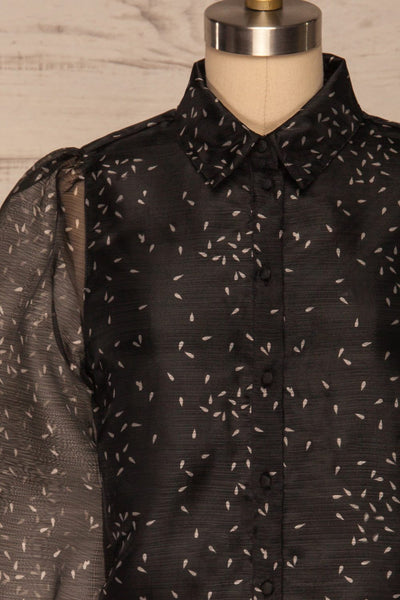 Xandra Print Black Tulle Shirt w/ Bow front close up | La petite garçonne