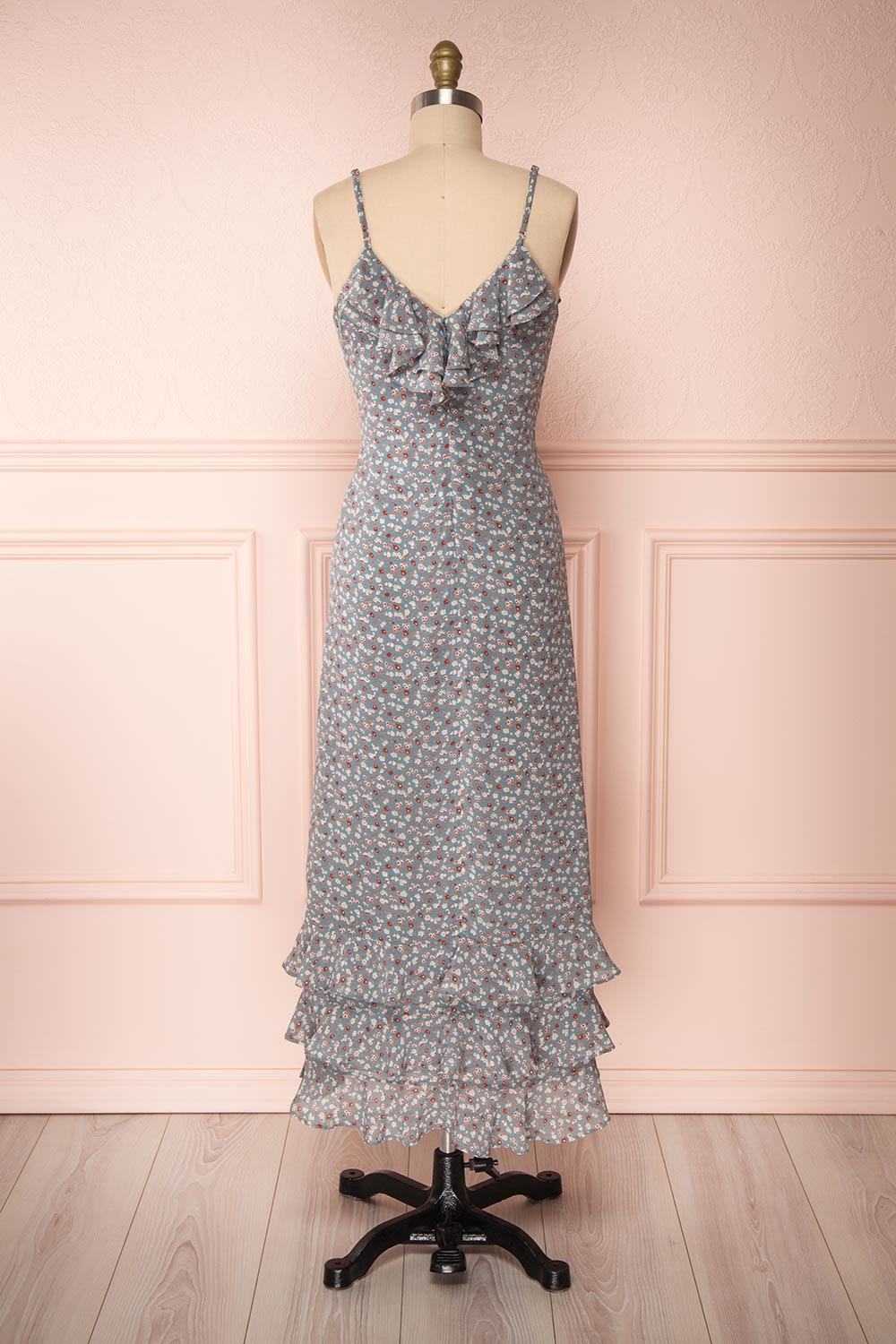 Xenia Blue Floral Maxi Dress w/ Ruffles back view | Boutique 1861