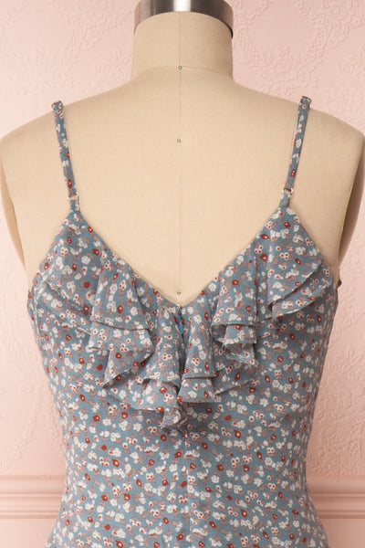 Xenia Blue Floral Maxi Dress w/ Ruffles back close up | Boutique 1861