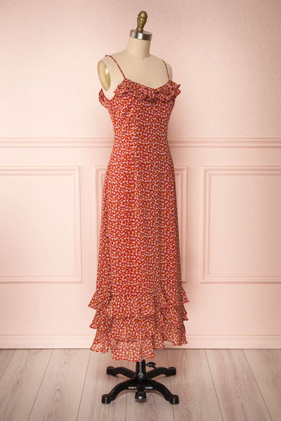 Xenia Red Floral Maxi Dress w/ Ruffles side view | Boutique 1861
