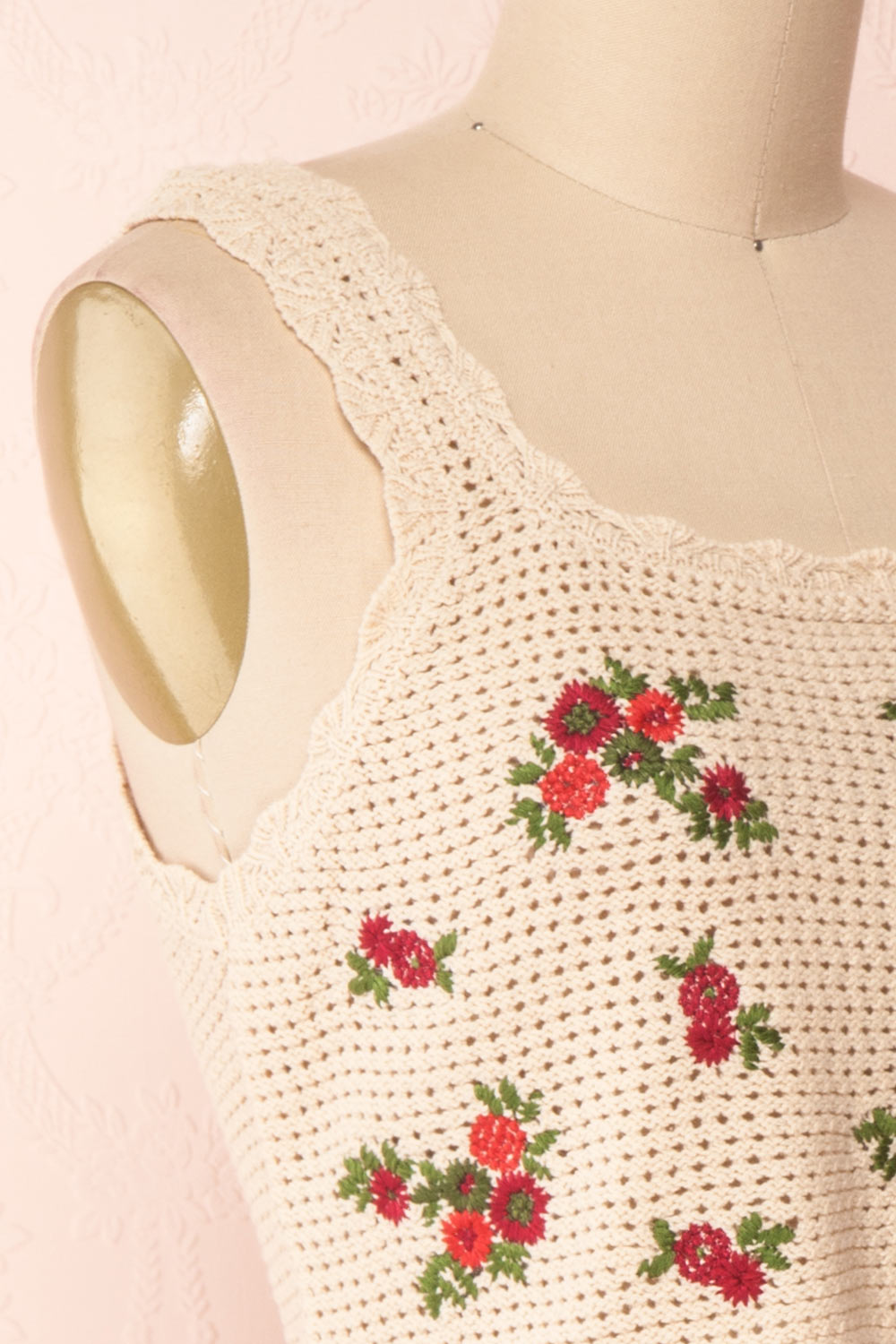 Yanagawa Beige Floral Crocheted Crop Camisole | Boutique 1861 side close-up