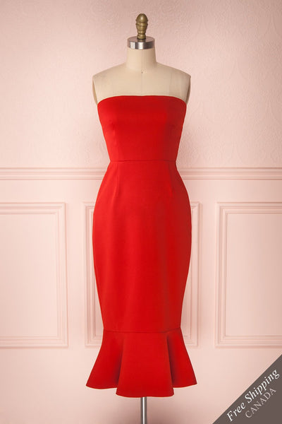 Yannylou Red Bustier Cocktail Dress with Ruffle | Boutique 1861