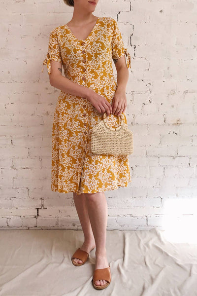 Yavanna Yellow & White Short Sleeve Midi Dress | Boutique 1861 model look