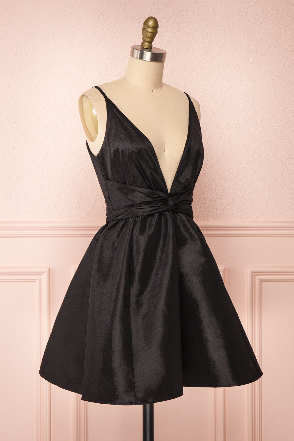 Yelena Black Plunging Neckline Short Dress | Boutique 1861 side view 